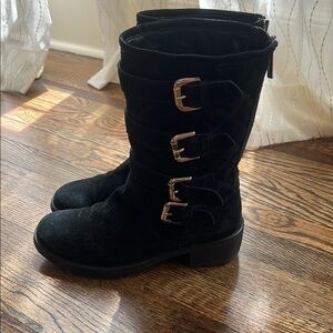 Aquatalia Black Suede Buckle Moto Boots